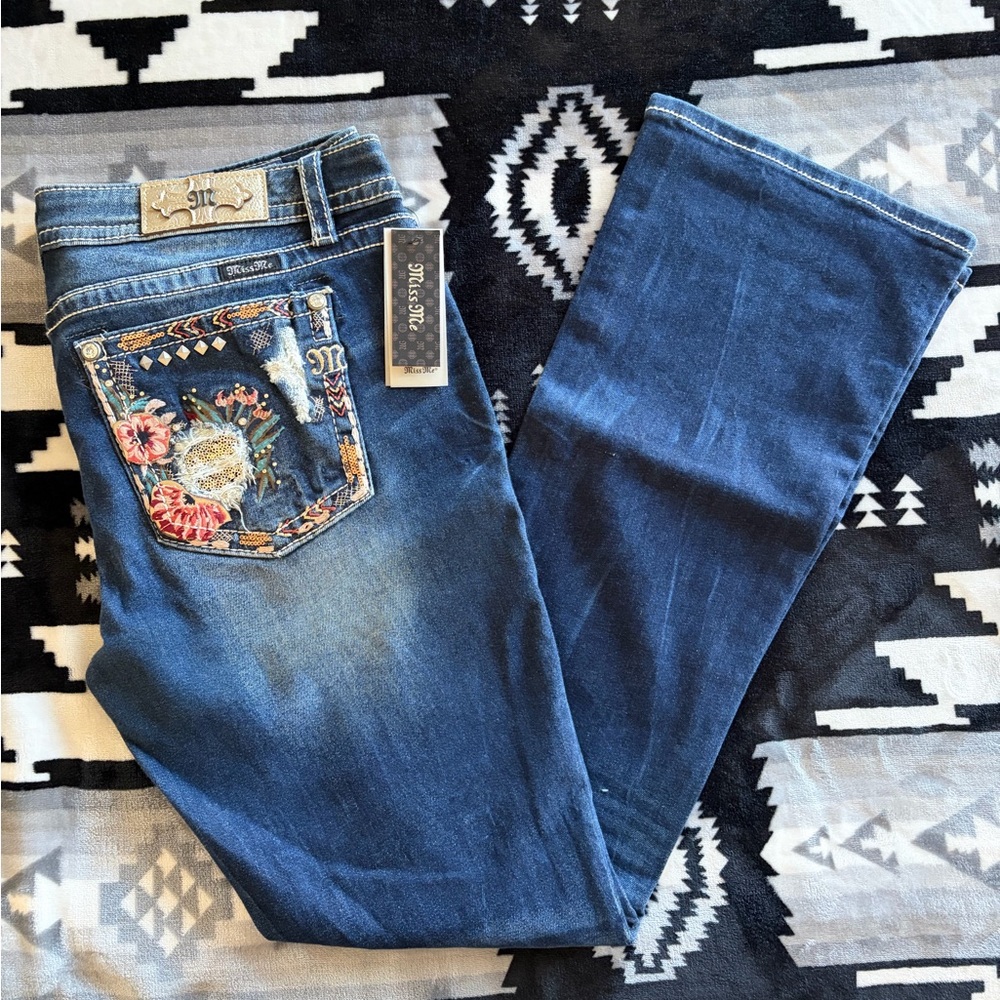 Miss Me Blue Boot Cut Jeans with Embroidered Floral Pocket